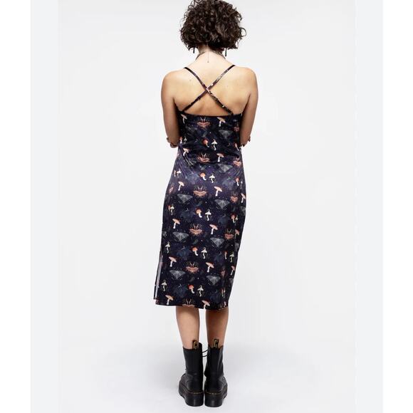 Disturbia Medeina Print Cowl Neck Satin Slip Dress S Fairy Mushroom Moth Cottage - Picture 2 of 13